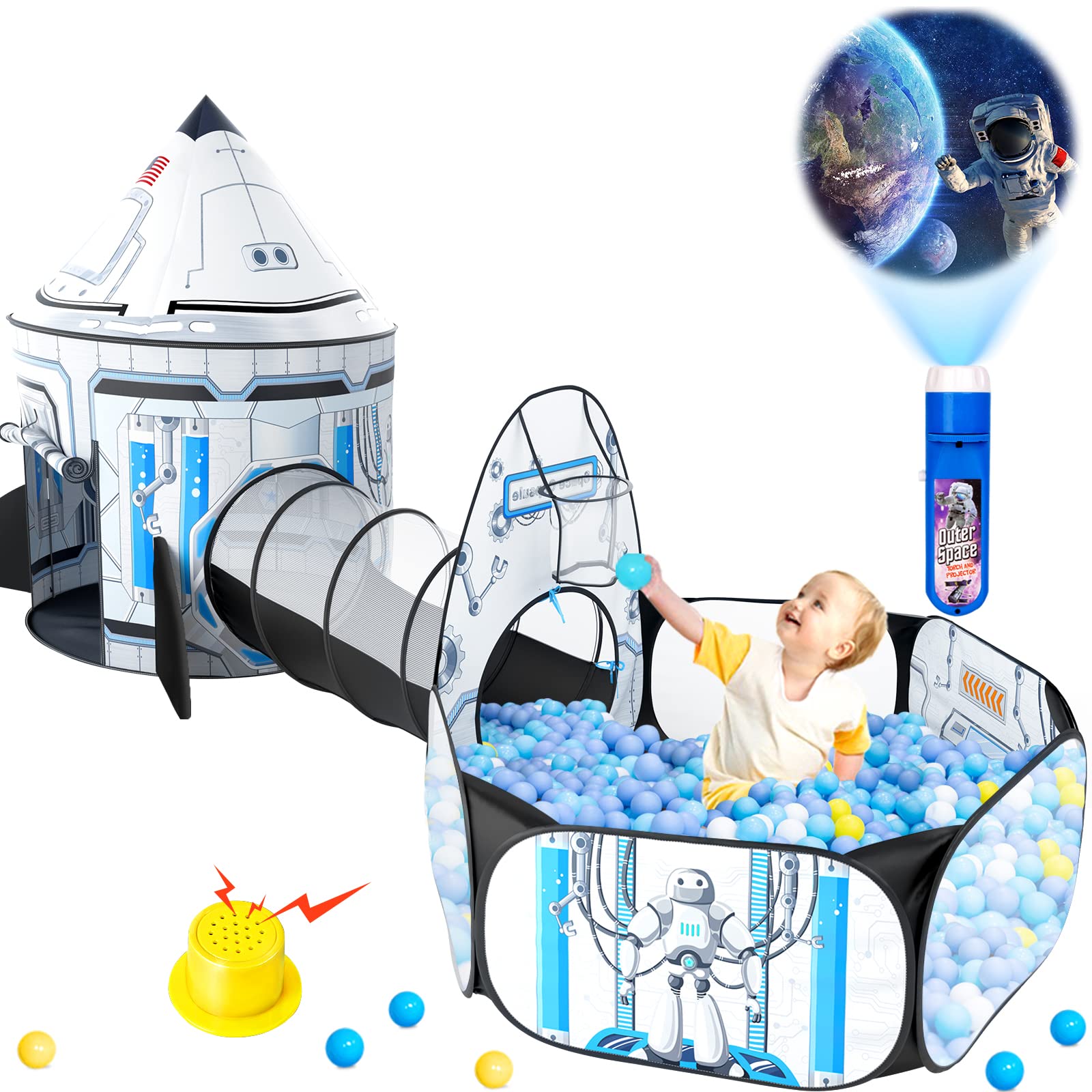 Kids Ball Pit for Play Tent – 3PC Baby Gifts with Roar Button, Projection Flashlight, Play Tent & Crawl Tunnel