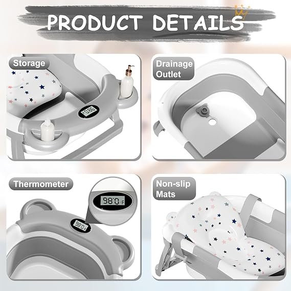 AquaFold™ Collapsible Baby Bathtub with Thermometer & Cushion