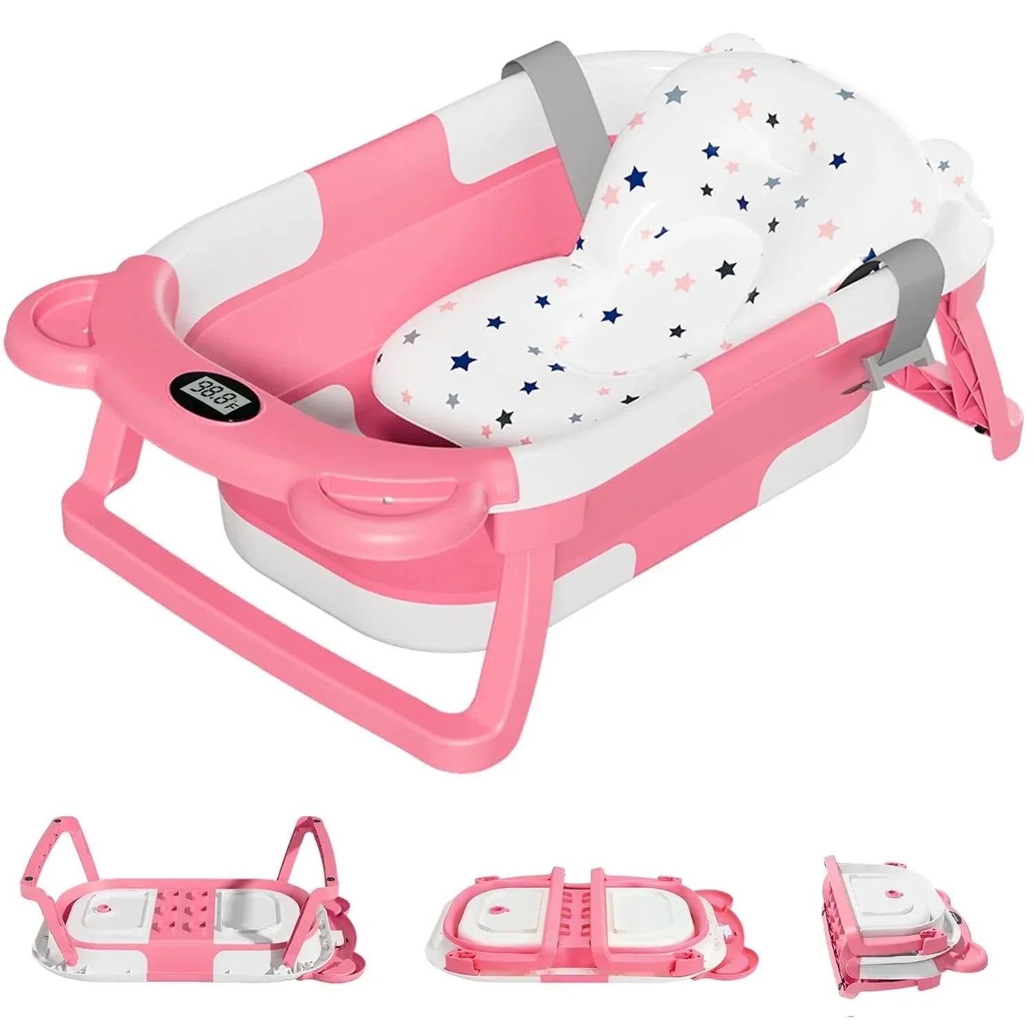 Newborn Collapsible Baby Bathtub with Thermometer & Floating Cushion