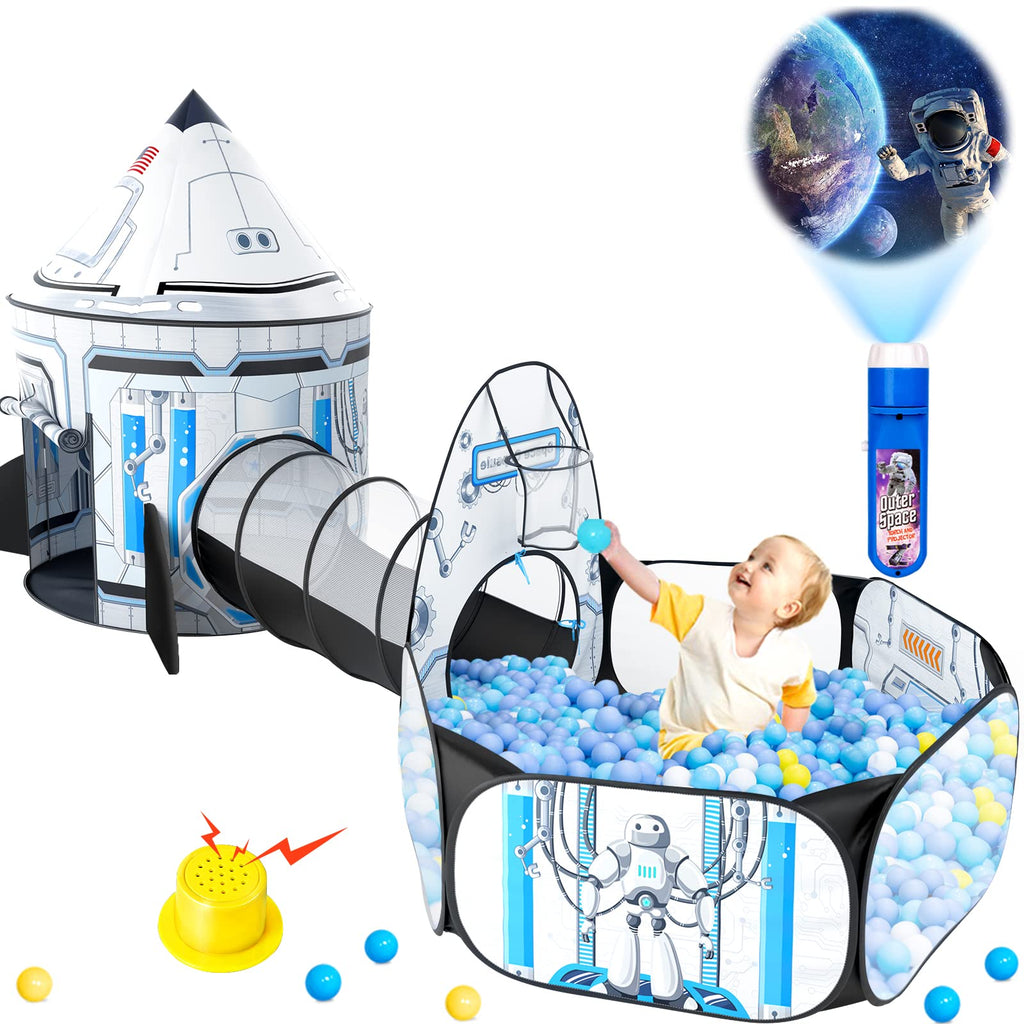 Kids Ball Pit for Play Tent – 3PC Baby Gifts with Roar Button, Projection Flashlight, Play Tent & Crawl Tunnel